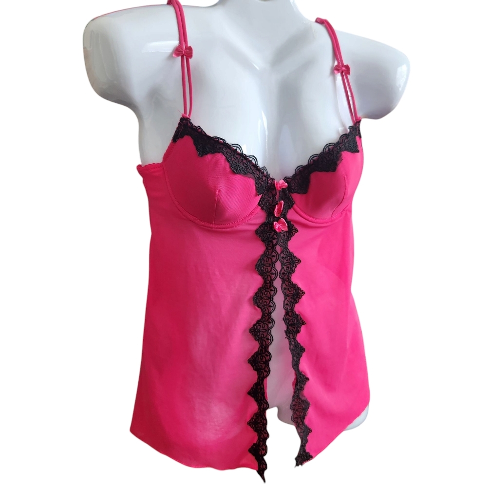 Rampage Y2K Hot Pink Black Lace Bow Detail Open Babydoll Built In Bra Coquette S
